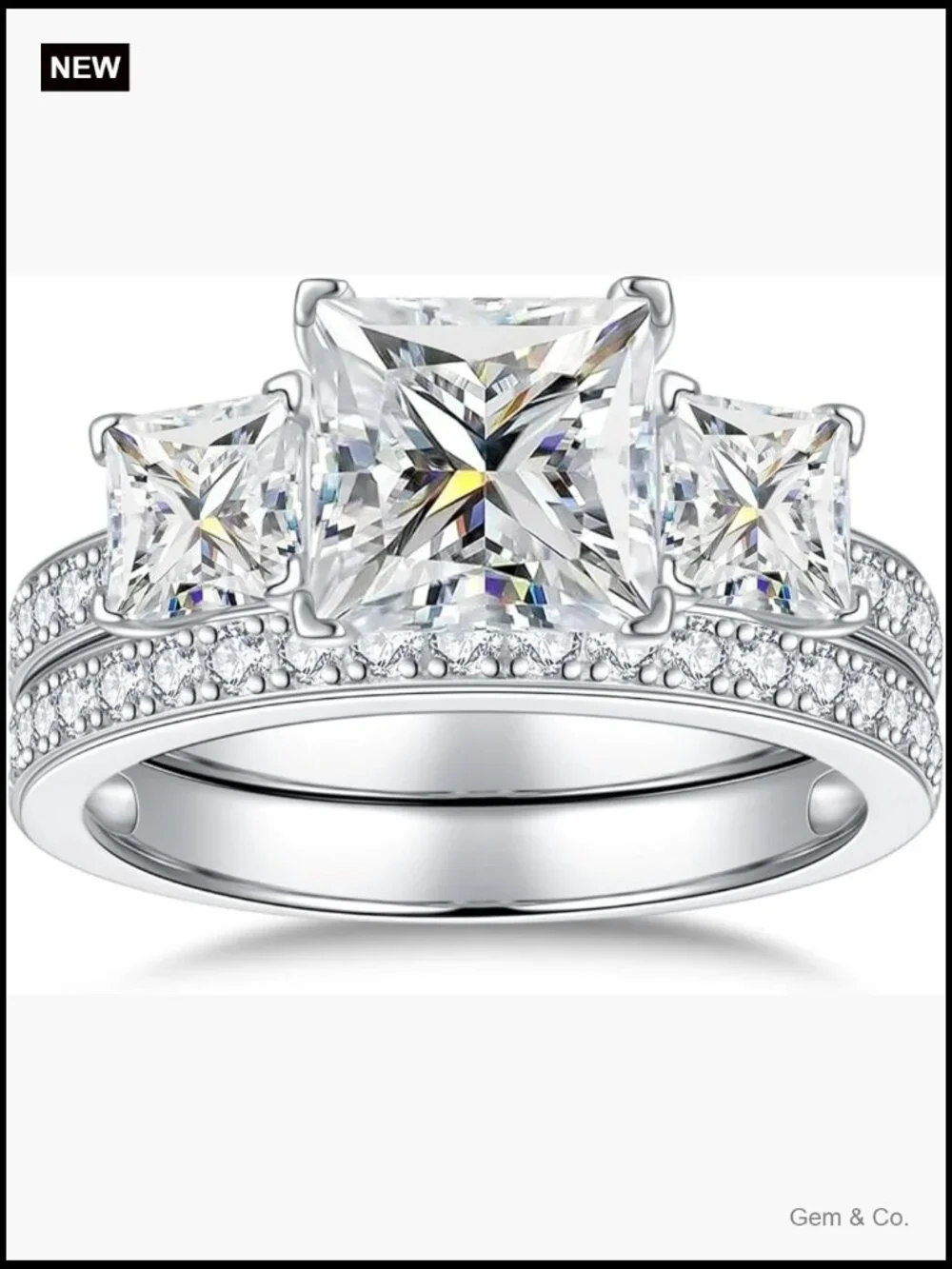 2.8CTTW Princess Cut Moissanite 3 Stone Engagement Wedding Ring Set Size 5-10